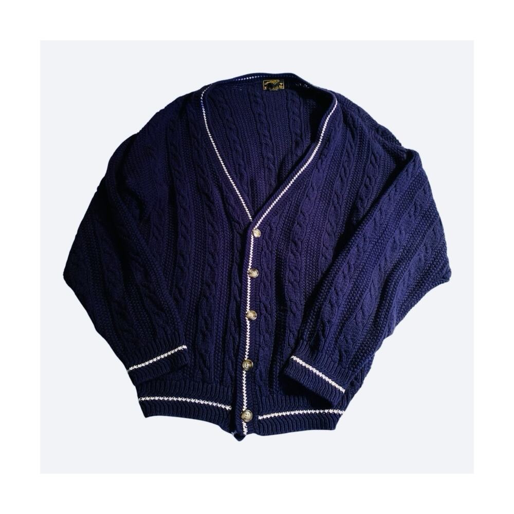 VTG Eddie Bauer Cardigan Sweater Men M Blue Cable Knit Grandpa USA